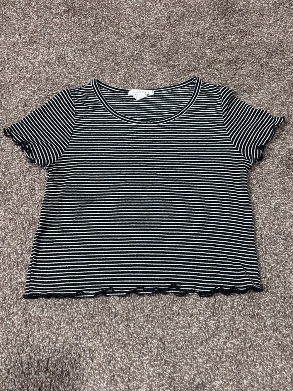 Caution To The Wind Black & White Striped Lettuce-Edge Crop Tee